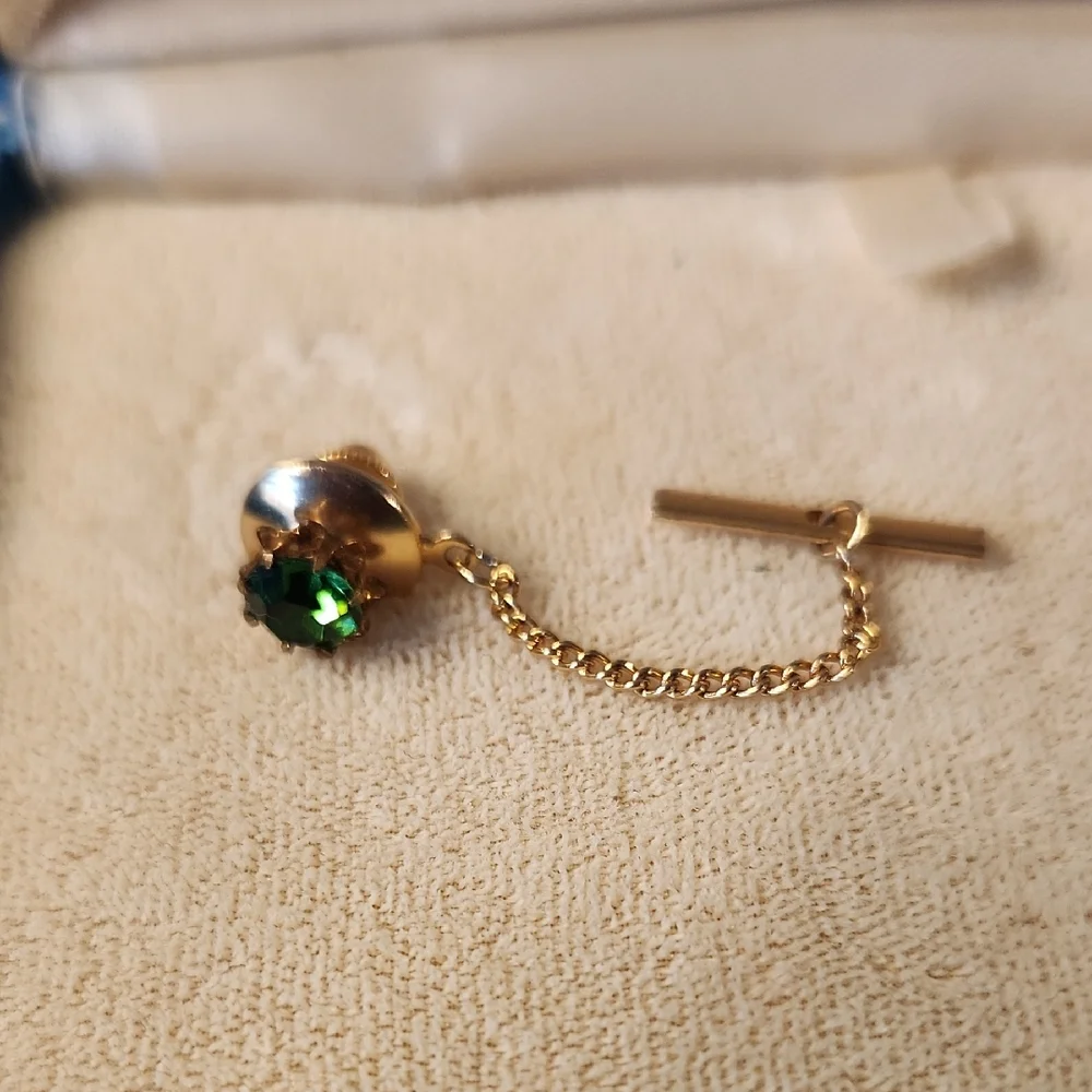 Goldtone Tie Pin Green Crystal Stone Accent